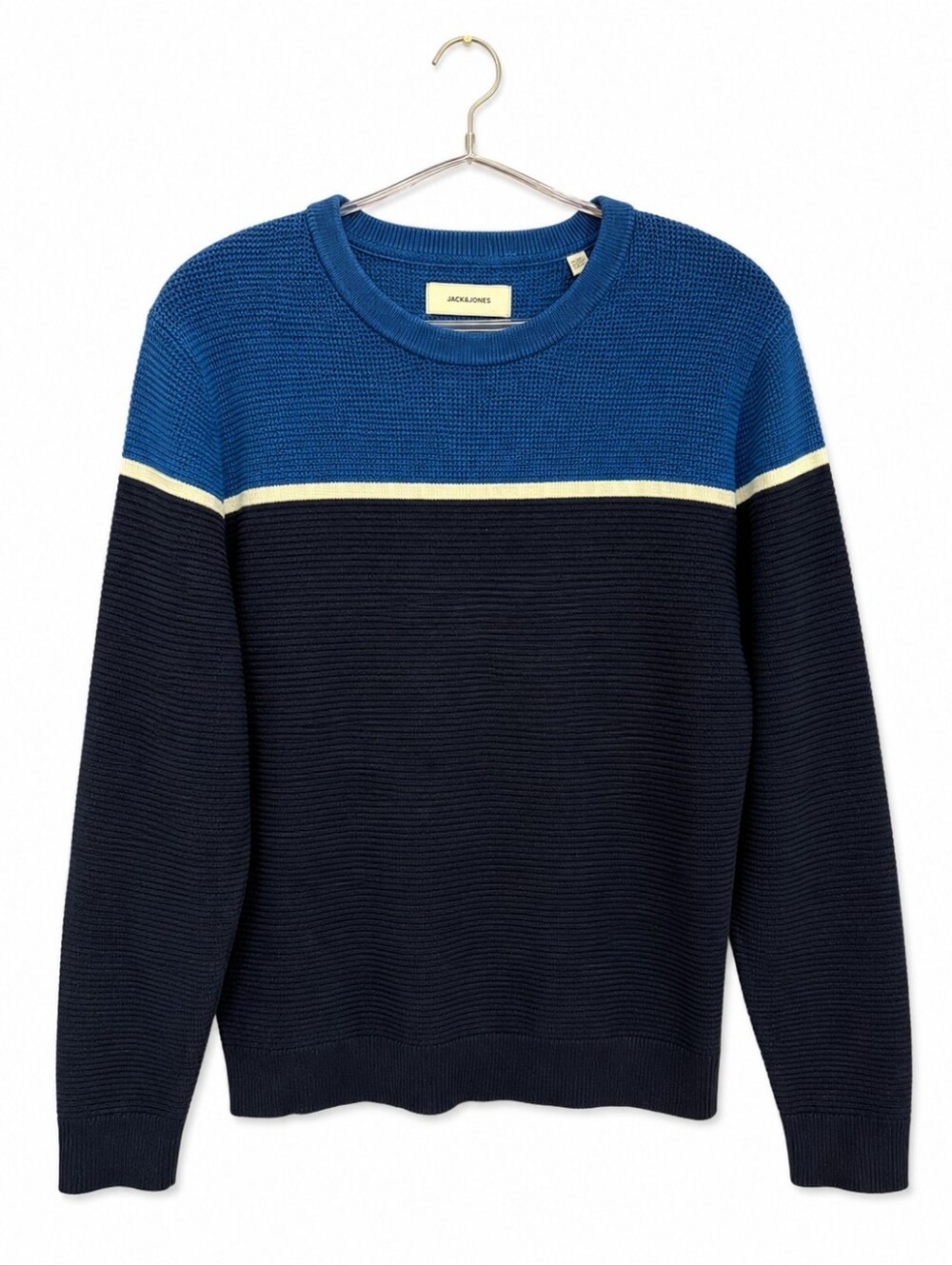 Jack & Jones Men's Blue Color Block Textured Knit Crew Neck Sweater Pullover
